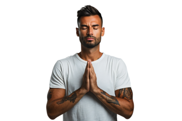 Serious man with closed eyes showing praying gesture on isolated transparent background