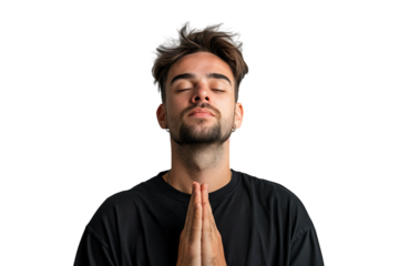 Serious man with closed eyes showing praying gesture on isolated transparent background