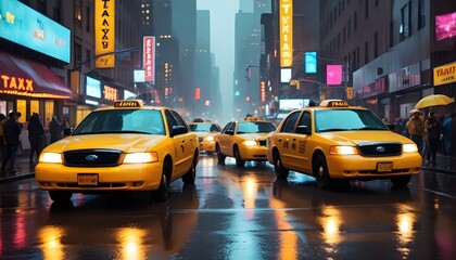 A rainy night in a busy city, with yellow taxi cabs on the wet streets and bright neon lights