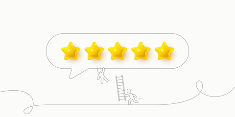 Five stars review icons. 5 stars rate banner. Customer rating feedback banner with human characters. Man carries a ladder to help a friend. Social media five 3d stars background. Vector illustration