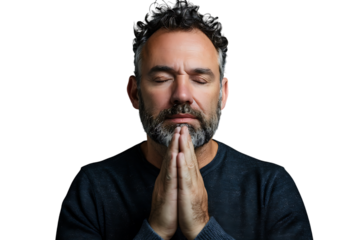 Serious man with closed eyes showing praying gesture on isolated transparent background