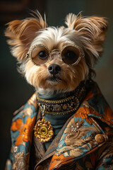 The Profile of A Dog Dressed in Extravagant, Overly Ornate Attire Against A Single-Color Background
