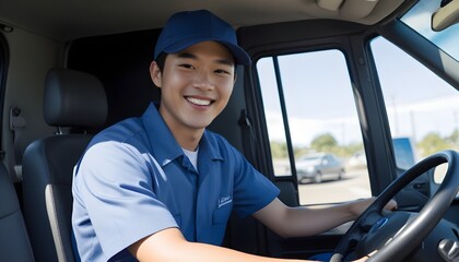 A man with short wearing a uniform and cap, smiling while sitting in the driver's seat of a vehicle