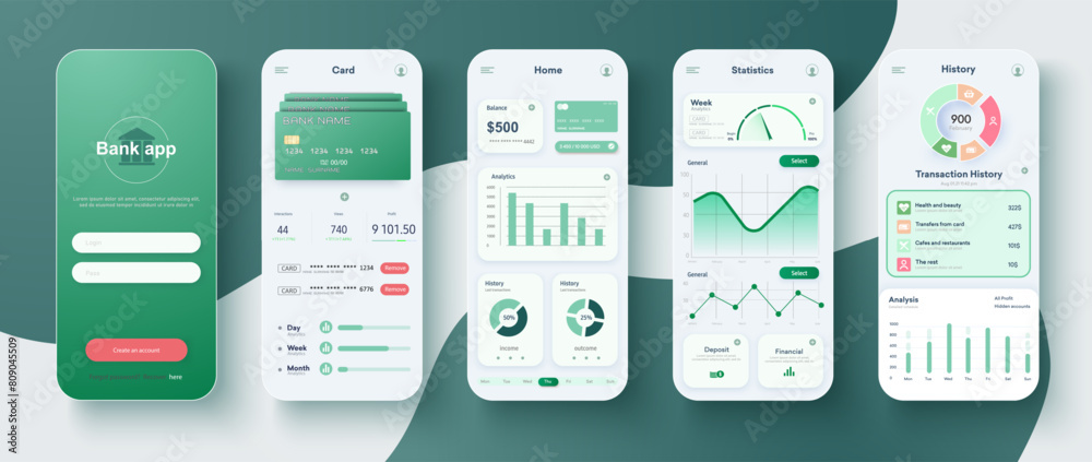 Poster sophisticated bank app interface design displayed on smartphone screens. templates for online bankin