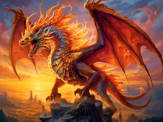 Fantasy dragon flying in the sunset sky - 3d render illustration