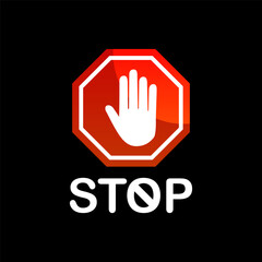 stop sign with hand flat vector design on black background