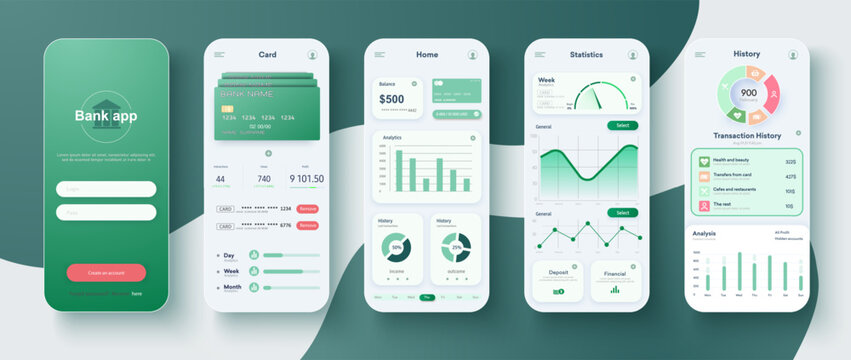 Sophisticated Bank App Interface Design Displayed on Smartphone Screens. Templates for Online Banking: Set showcasing financial management, credit card services, payments, and banking features. Vector
