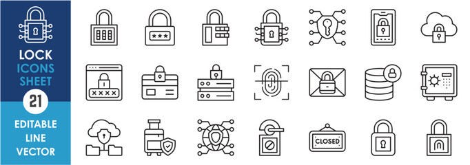 A set of linear icons related to lock and security. Lock, cloud protection, fingerprint, closed sign and so on. Outline icons set.