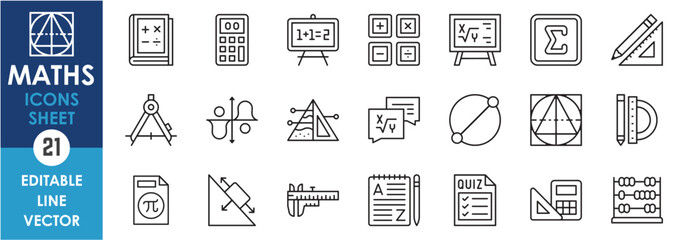 Linear icons set related to mathematics. Outline icons of pencil, scale, calculator, set square, geometry and so on.