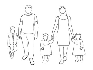 Parents and children sketch. Flat graphic vector illustrations isolated on white background