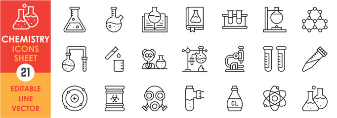 A set of linear icons with chemist and chemistry related objects. Outline icons of chemistry.