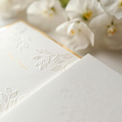 Elegant wedding invitation card with embossed floral design and white tulips. Concept of wedding stationery, luxury event planning