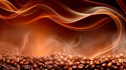 Coffee beans with aromatic smoke on dark background, banner with copy space. Concept of coffee advertising, food photography