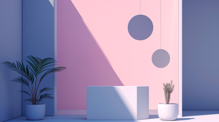 Minimalist product display podium with plants and geometric shapes on pastel background