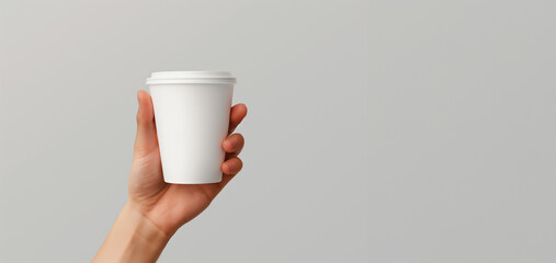 Hand holding a plain white disposable coffee cup. Banner with copy space  for product placement or advertising text