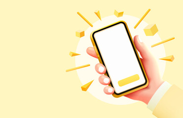 Hand phone white screen, icons 3d toys, product advertising phone. Vector