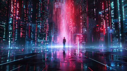 Obraz premium Futuristic cityscape at night with neon lights, depicting a large, mysterious curtain being pulled back to reveal hidden advanced AI technology and data streams. 