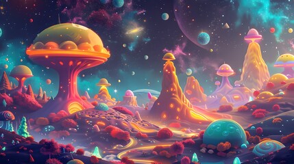 Fototapeta premium A colorful space scene with many different types of alien life forms