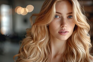 The portrait shows a blonde woman with soft curls, natural makeup, and a contemplative look