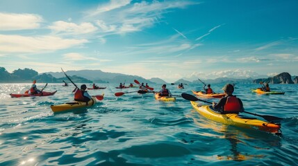 A group of individuals in kayaks are actively paddling on the water, enjoying a day of aquatic adventure.