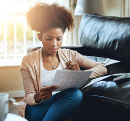 Banking, paperwork and black woman in home with bills, document and reading investment report....