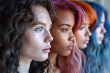 Naklejka premium The image captures side profiles of four women showcasing diverse hairstyles and hair colors