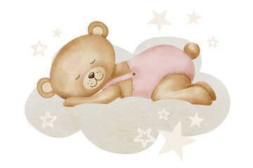 Cute little Teddy Bear sleeping on a cloud. Watercolor illustration of animal toy for Baby shower greeting cards or invitations. Childish drawing for nursery design or kids postcards in pastel colors.