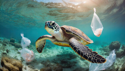 Obraz premium Sea turtle swimming in ocean, Plastic pollution in ocean, Turtles eat plastic bags mistaking them for jellyfish Environmental Problem, World Ocean Day, and World Environment Day concept.