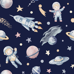 Space watercolor seamless Pattern. Background with cosmos, planets, cosmonauts and spaceship for Baby textile design or childish nursery wallpaper in pastel blue and pink colors. Backdrop for kid