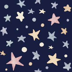 Star seamless Pattern. Watercolor illustration with Space on pastel blue and pink colors for nursery wallpaper or childish textile on dark background. Backdrop with cosmos for Baby design.