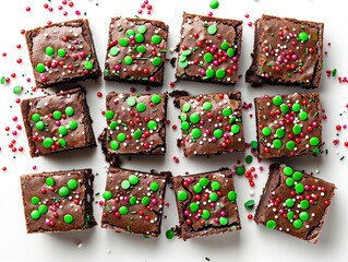 A festive layout of brownies covered in bright green and red sprinkles, perfect for celebrations, isolated on white