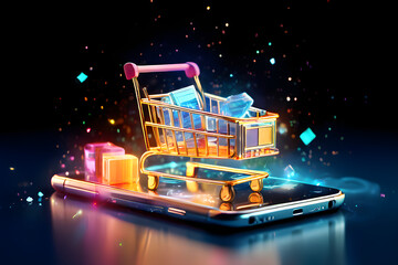 Shopping trolley cart on mobile smartphone Online e-commerce store internet digital sale concept abstract sparkling black backdrop