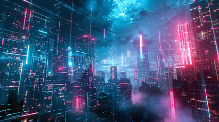 Futuristic cityscape at night with neon lights, depicting a large, mysterious curtain being pulled back to reveal hidden advanced AI technology and data streams. 