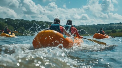 Several individuals enjoy a ride on an orange raft on the water.
