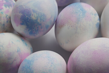 Close-up of hand painted with markers for drawing, decorated easter eggs.