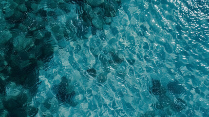 Clear water surface background. Transparent blue wavy water with several rock underwater.