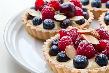 Professional Almond Cream Tartelettes with Fresh Fruit and Sliced Almonds