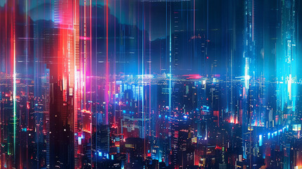 Obraz premium Futuristic cityscape at night with neon lights, depicting a large, mysterious curtain being pulled back to reveal hidden advanced AI technology and data streams. 