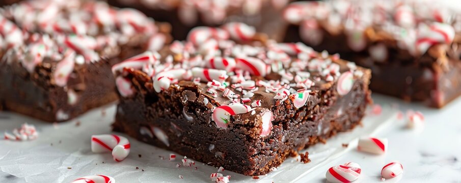 Brownies with a colorful topping of crushed candy canes, festive and bright against a clean white background
