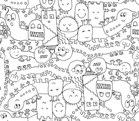 Seamless pattern with a group of funny monsters and aliens. Doodle style hand drawn line sketch vector illustration.