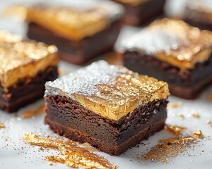 Elegant brownies with a dusting of edible gold and silver, vibrant against the crisp whiteness of the background