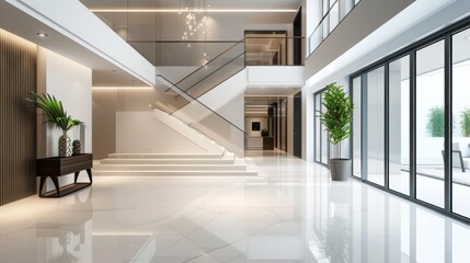 Obraz premium Modern hall with a staircase in a realistic featuring clean lines