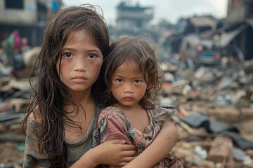 Two siblings cling to each other for comfort while surrounded by the desolation of their environment