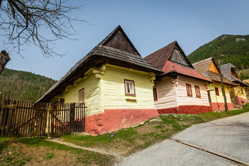 Fototapeta na wymiar Vlkolinec village - Unesco heritage, old wooden village of historical log houses, folk architecture reservation, Slovakia