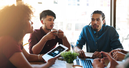 People, university student and study group with tech at cafe on campus to talk exams, test and...