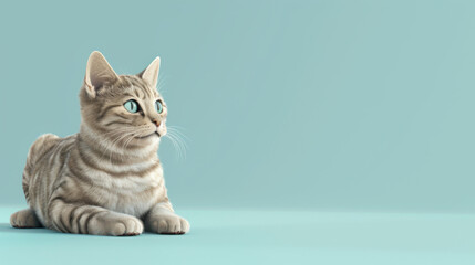A realistic illustration of a tabby cat with vivid blue eyes sitting attentively on a pale blue background.