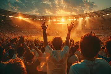 Excited audience with raised hands enjoys a major event at a brightly lit stadium, showcasing human collective joy