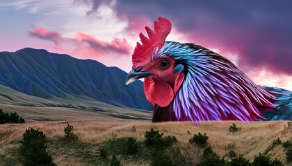 photorealistic, detailed, colorful, high-contrast, hen