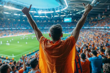 Fototapeta na wymiar A vibrant fan in orange cheers on his team in a crowded stadium, exemplifying energetic sportsmanship