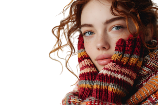 charming young lady wear knitted pullover headwear smiling arm chin on isolated transparent background